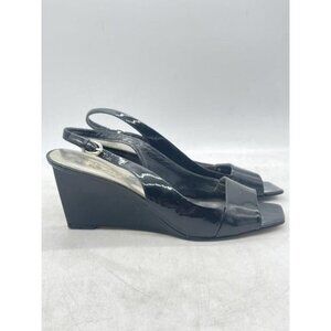 Franco Sarto Black Italian Patent Leather Sling Back Wedges sz 8.5 with 3" heels